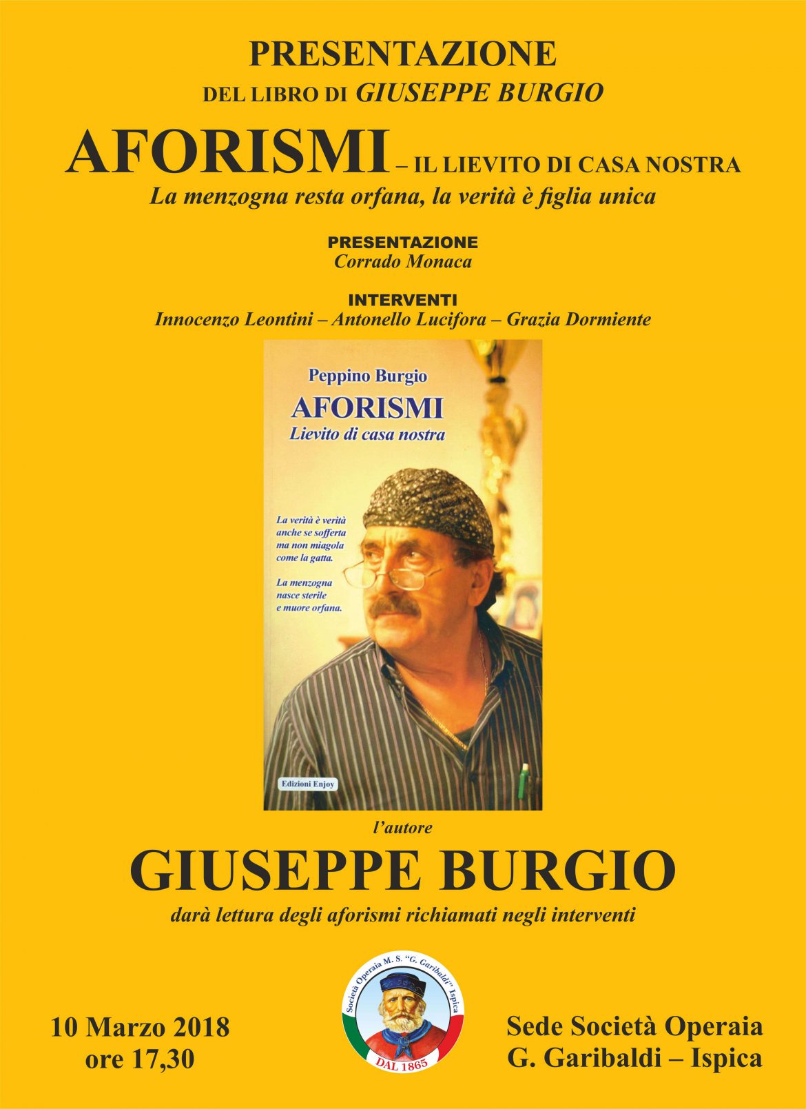 ISPICA – Libri, sabato 10 alla Società operaia Garibaldi si presentano gli Aforismi di Peppino Burgio