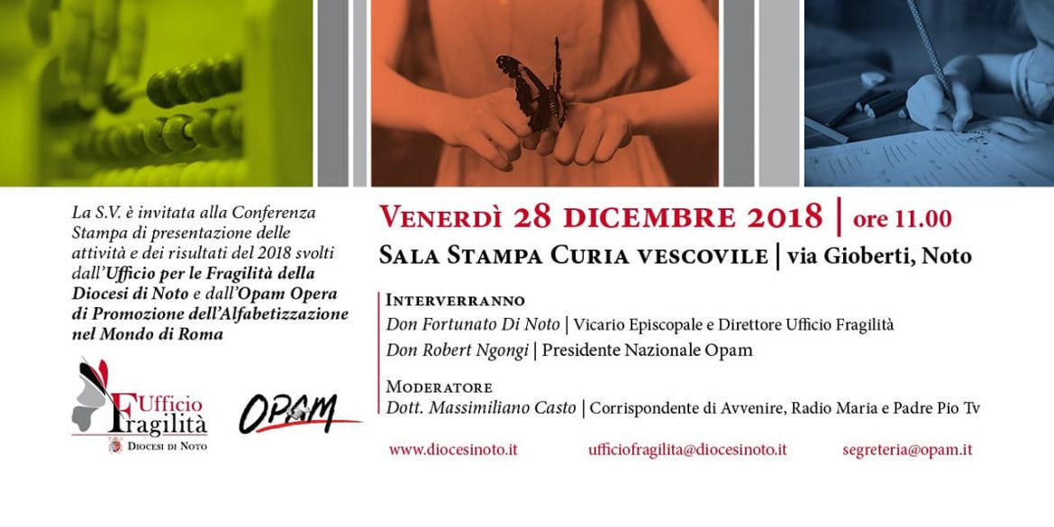 NOTO – Conferenza congiunta di presentazione delle attività svolte nel 2018 dall’Opam Opera per la Promozione dell’Alfabetizzazione nel Mondo (presidente Don Robert Ngongi) e dall’Ufficio per le Fragilità diretto da Don Fortunato Di Noto