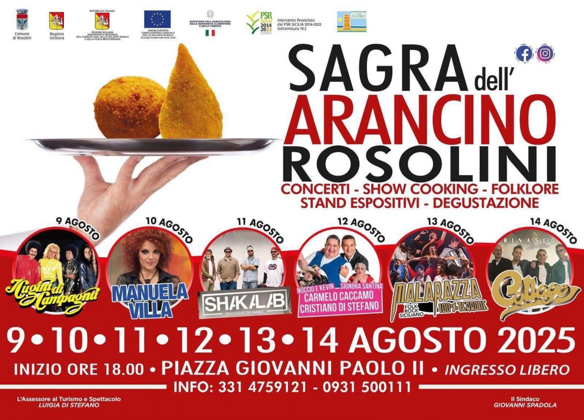 Rosolini- Sagra dell’arancino dal  9 al 14Agosto 2025