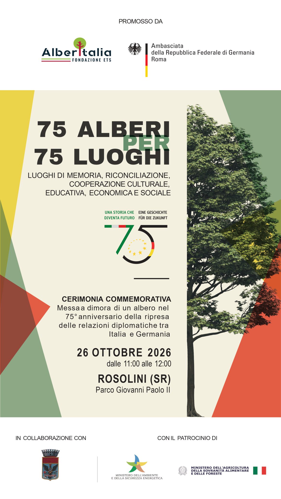 Rosolini – Lunedì 26 ottobre 2026 al Parco Giovanni Paolo 2* Cerimonia commemorativa,Messa a dimora di un albero nel 75° anniversario della ripresa delle relazioni diplomatiche tra Italia e Germania